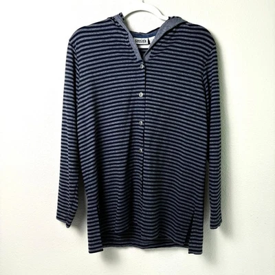 Chicos Design Button Front Hooded Top Size 1US M Black Gray Striped Stretch USA - Image 1 of 4