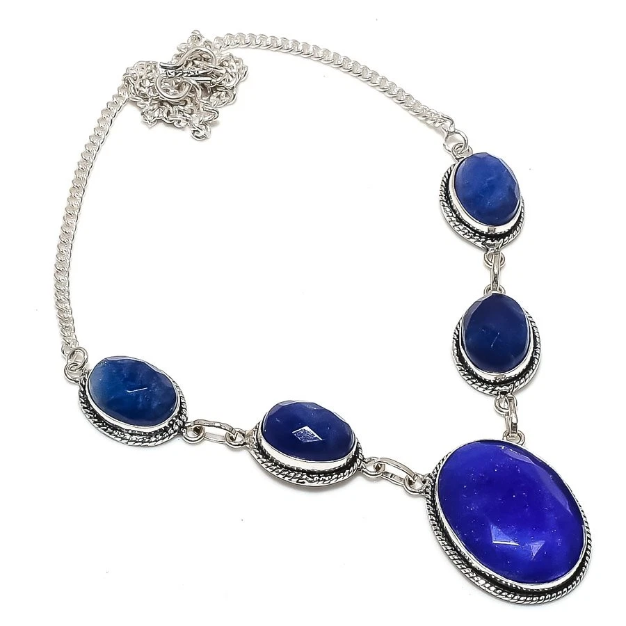Sapphire(Simulated) Gemstone 925 Sterling Silver Jewelry Necklace 18" I819 - Image 1 of 1