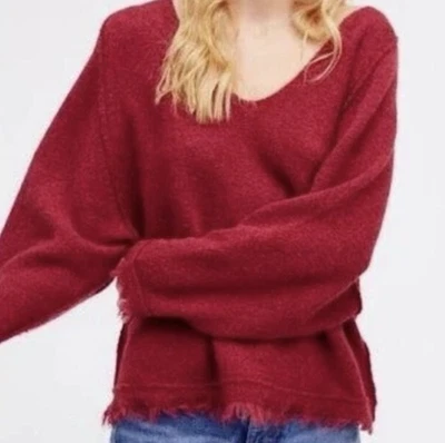 Suéter Free People Boho XS Rojo Cuello en V Tejido Flecos Dobladillo Lana Lino De Gran Tamaño Foto 1 de 4