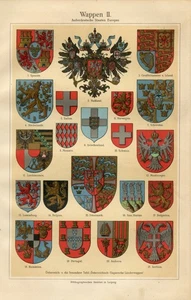 1907 Coat of arms II. European States. Original antique lithographic print - Picture 1 of 1