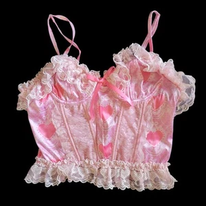 SUGAR THRILLZ Lots Of Love Heart Print Lingerie Corset Bustier Sz SM Dolls Kill - Picture 1 of 24
