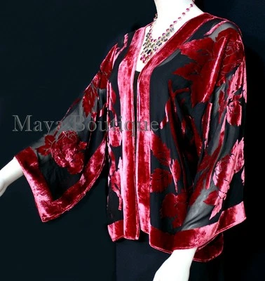 Poppy Red Silk Burnout Velvet Jacket Short Kimono Style No Fringe Maya Matazaro  - Image 1 of 4