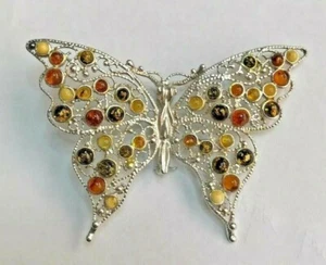 Vintage Butterfly Multi Color Russian Amber & Sterling Silver Fine Broach / Pin - Picture 1 of 4