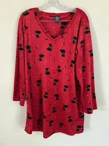 Laura Ashley Red Black Fleece Scottie Dogs/Holly Berries V-neck Nightshirt LG - Picture 1 of 4