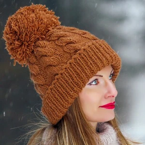 Handmade wool hat thick pom pom beanie wool ski cap warm handknit hat SUPERTANYA - Picture 1 of 19