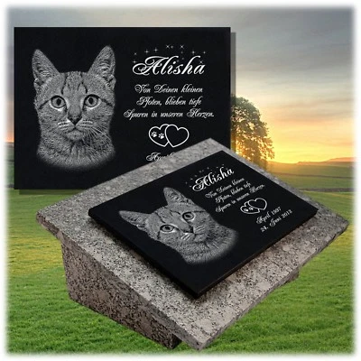 LASERART24 GRANIT Grabstein Doppel Grabplatte+Stützen 40x30 cm Foto+Text Gravur Katze gg08s
