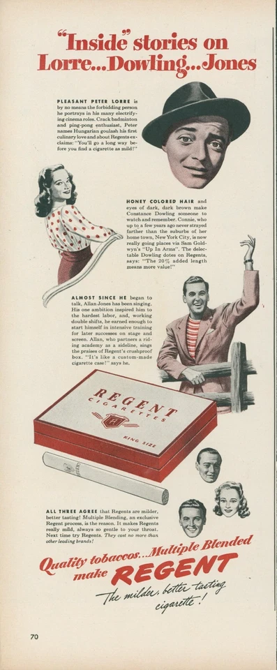 1944 Regent Cigarettes Peter Lorre Constance Dowling Jones Vintage Impressão Anúncio L20 - Imagem 1 de 1