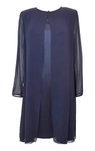KAY UNGER Navy Silk Satin w/ Chiffon Overlay A-Line Dress 10 M Wedding Cocktail - Picture 1 of 8