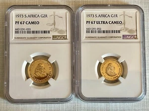 South Africa 1973 Rand & 2 Rand 2pc Gold NGC PF67 Set Sku# 6111 - Picture 1 of 6