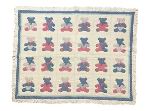 Vintage 80’s Patchwork Bears Ruffled Quilt Baby Blanket Blue/Pink/White - Picture 1 of 9