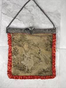 Vtg Victorian Tapestry Purse Handbag Metal Frame Chain Girl Goat Fox Dogs Hunt - Picture 1 of 12