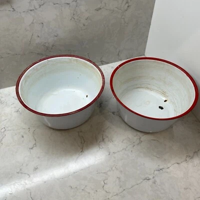 Vintage White & Red Trim Porcelain Enamel Cookware Pots Pans - Pair - Image 1 of 4