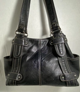 Tignanello Genuine Leather Shoulder Hobo Satchel  Bag Black Pebbled Cinch Top - Picture 1 of 15
