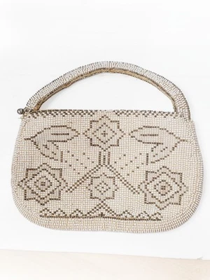 Bolso Cartera Vintage CHECO de Vidrio Crema, Corte Acero e Imitación Perla Semilla Cuentas JCS Foto 1 de 4