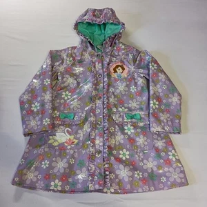 Girls Rain Coat Disney Store Sofia Hooded Size 5/6 Purple W/ Flowers All Over - Picture 1 of 10