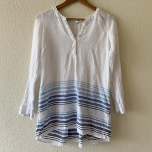 J Jill Leinen Popover Tunika Top Schwimmen Cover Up Damen XS weiß blau gestreift - Bild 1 von 13