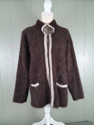 Vintage 80s Venesha Angora Rabbit Fur Jacket Large Brown White Trim Long Pockets - Image 1 of 4