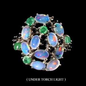 EMERALD, BLACK SPINEL & RAINBOW FIRE OPAL RING .925 STERLING SILVER 14K WGP SZ 7 - Picture 1 of 3