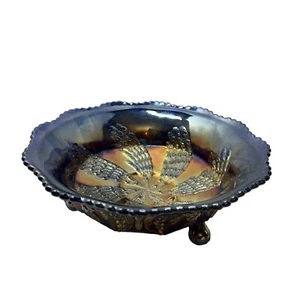 Electric Fenton Carnival Glass Blue Fantail w Butterfly & Berry Centerpiece Bowl - Picture 1 of 18