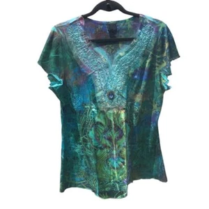 Vtg Womens babydoll shirt sz L Y2K fairy green jewel teal whimsy beaded peacock - Picture 1 of 18