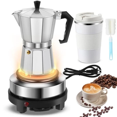 Conjunto de cafeteira espresso elétrica 4 peças 6 xícaras 300 ml panela Moka portátil presente - Imagem 1 de 4
