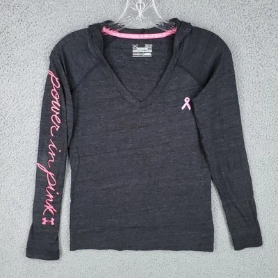 Under Armour 连帽衫女式 Xs 灰色粉红色乳腺癌意识套衫 V 领 — 第 1/4 张图片