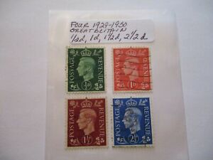 Four 1929-1950 Great Britain Postage Stamps -1/2d,1d,11/2d, 21/2 Denomination