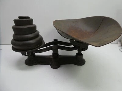 ANTIQUE BALANCE SCALES CAST IRON TIN TRAY SCOOP DISH AND WEIGHTS - Image 1 of 4