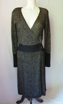 Moda International Wool Kid Mohair Blend Knit Wrap Dress Marled Black Tan S - Image 1 of 4