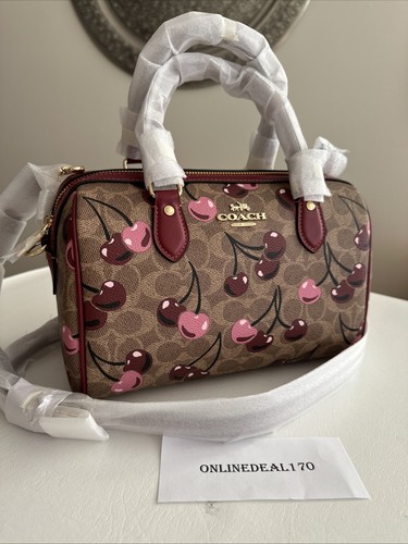 Borsa a tracolla Coach Rowan nuova firmata tela con stampa ciliegia CY692 marrone multi