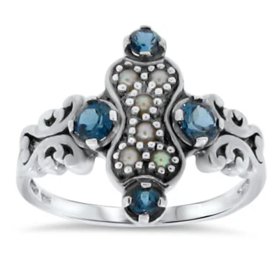 GENUINE LONDON BLUE TOPAZ & PEARL VICTORIAN STYLE 925 STERLING SILVER RING  042z - Image 1 of 3