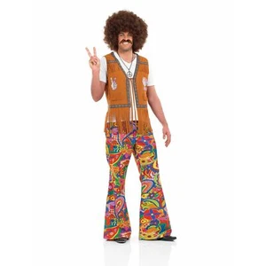 Mens Flared Hippie Paisley Pants for Adult 60s Hippy Costume M-XL Halloween - Picture 1 of 5