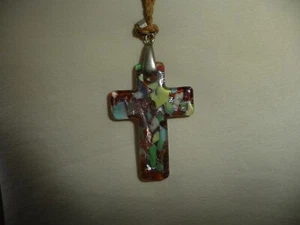 MURANO GLASS CROSS  PENDANT ON BEIGE CORD  CHAIN NECKLACE #27/29K - Picture 1 of 7