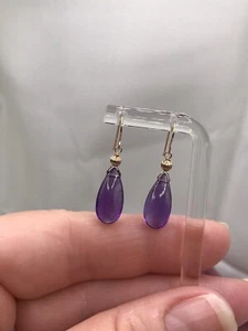 14K Solid Gold Amethyst Earrings Cabochon Briolette Handmade 15mm Gems Unheated - Picture 1 of 11