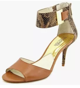 Michael Kors Giuliana Tan Leather Open Toe Snakeskin Heels Gold Accents Size 5.5 - Picture 1 of 9