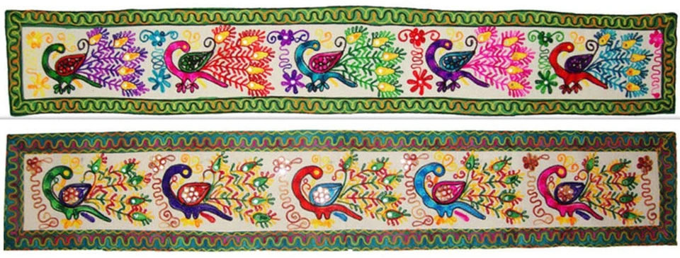 Ethnic peacock embroidery wall hanging boho tapestry table runner throw handmade - Image 1 of 1