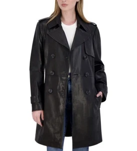 Ellie Tahari Natalie Leather Trench Coat , XL- Black - Picture 1 of 14