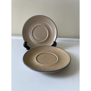 Vintage Pfaltzgraff Folk Art Pattern 2 Saucers Tan and Blue 6.25" - Picture 1 of 2
