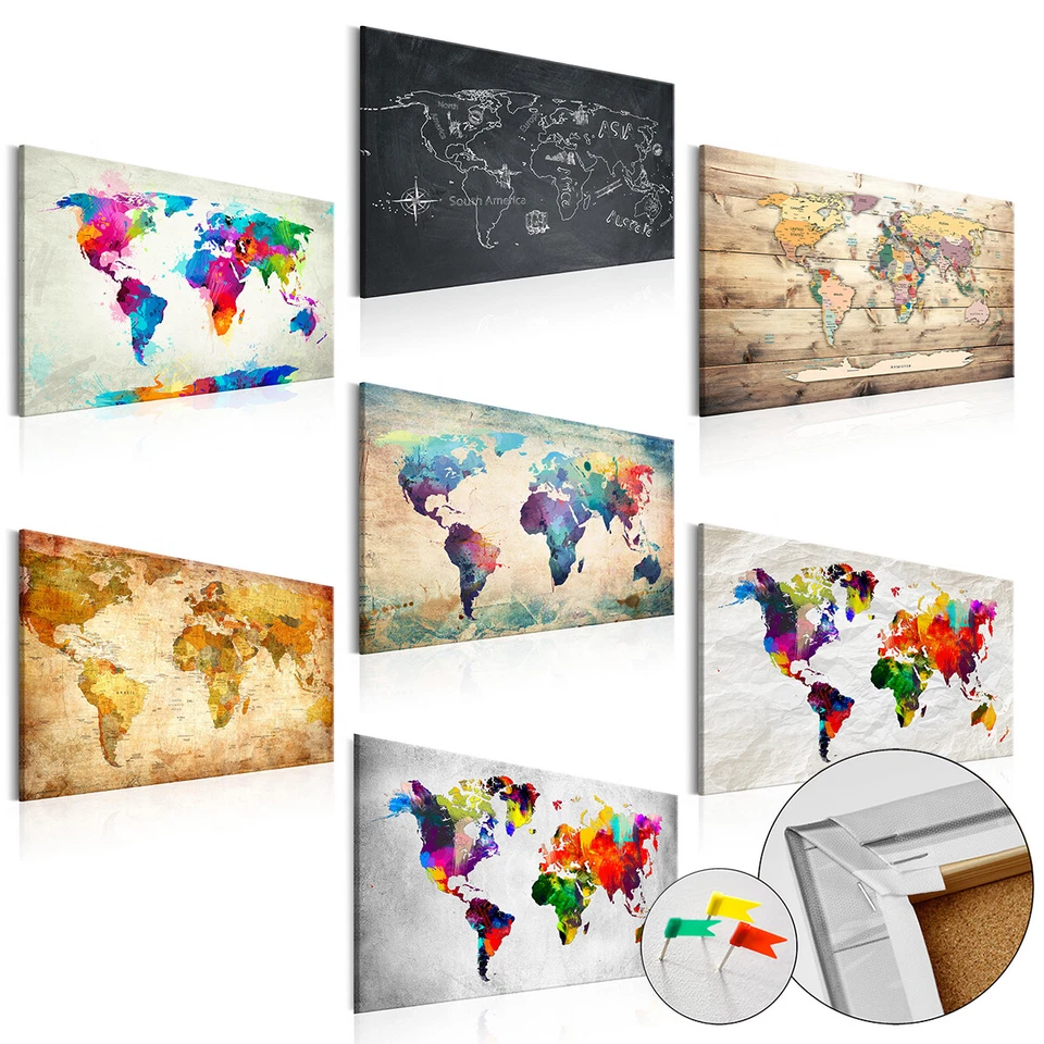 World Map Pinboard Cork Board Canvas Print Wall Art Picture Home k-A-0055-p-a - Image 1 of 1