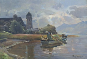 Altes Gemälde Fritz Friedrich Raupp 1871-1949 Ausflug am Chiemsee 70 x 100 cm. - Bild 1 von 5