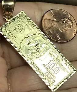 GOLd $ $100 100 Hundred Dollar Money Pendant 10K good luck necklace SOLID 2" - Picture 1 of 12