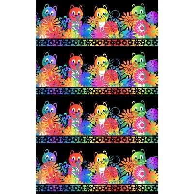 Feline Drive Fabric PAWSITIVITY Cats Border Stripe Black Sold by the Yard - Image 1 of 4