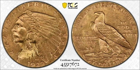 1929-P Indian Head $2.50 Gold Quarter Eagle PCGS MS 63 Two and a Half Dollar Cover