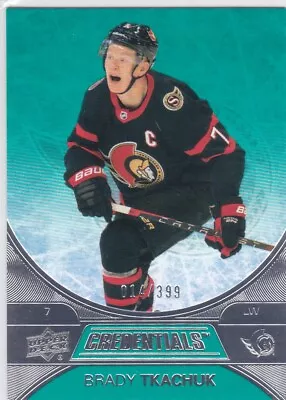 2021/22 CREDENTIALS..BRADY TKACHUK..TEAL../399..# 46..SENATORS..COMBINED SHIP - Image 1 of 2