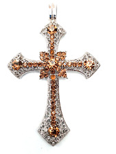 Beautiful Silver Amber Glass Rhinestone Cross Pendant