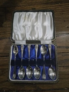 Antik Set 6 englische Sterling Silber goldgewaschen Demitasse Löffel Muschel Muster - Bild 1 von 9