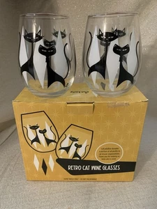 MCM Cat Lady Box Brand 2 Stemless Wine Glass Retro Atomic Style 5” x 4” NIB - Picture 1 of 18