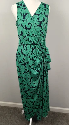 London Times Women's Size 8 Maxi Green & Navy Wrap Dress Hawaiian Floral Print - Image 1 of 4