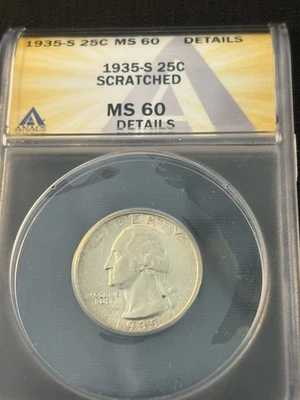 1935-S 25c Silver Washington Quarter ANACS MS60 Details - Image 1 of 4