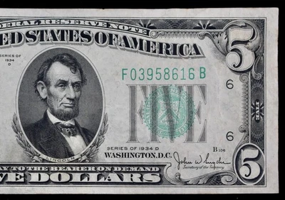 High Grade $5 1934D Federal Reserve Note F03958616B low print series D, Atlanta - Image 1 of 3